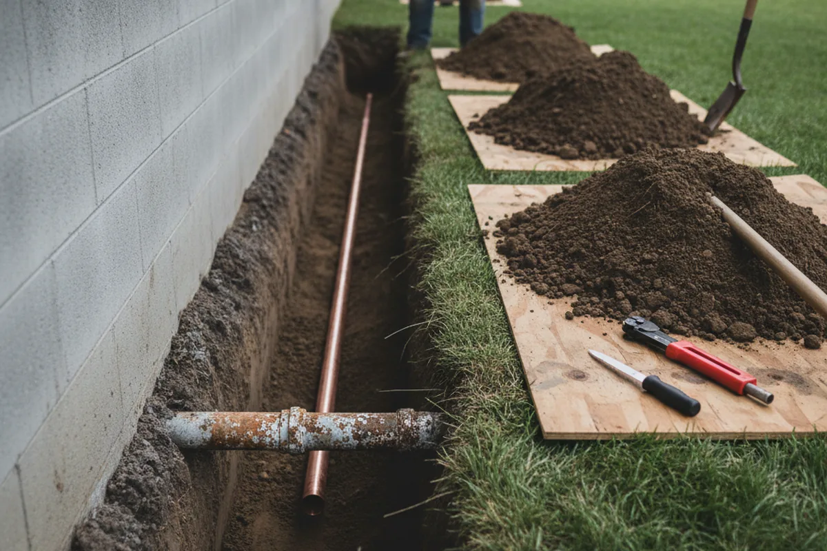 Excavated water line trench during Sewer Line Repair in Halls